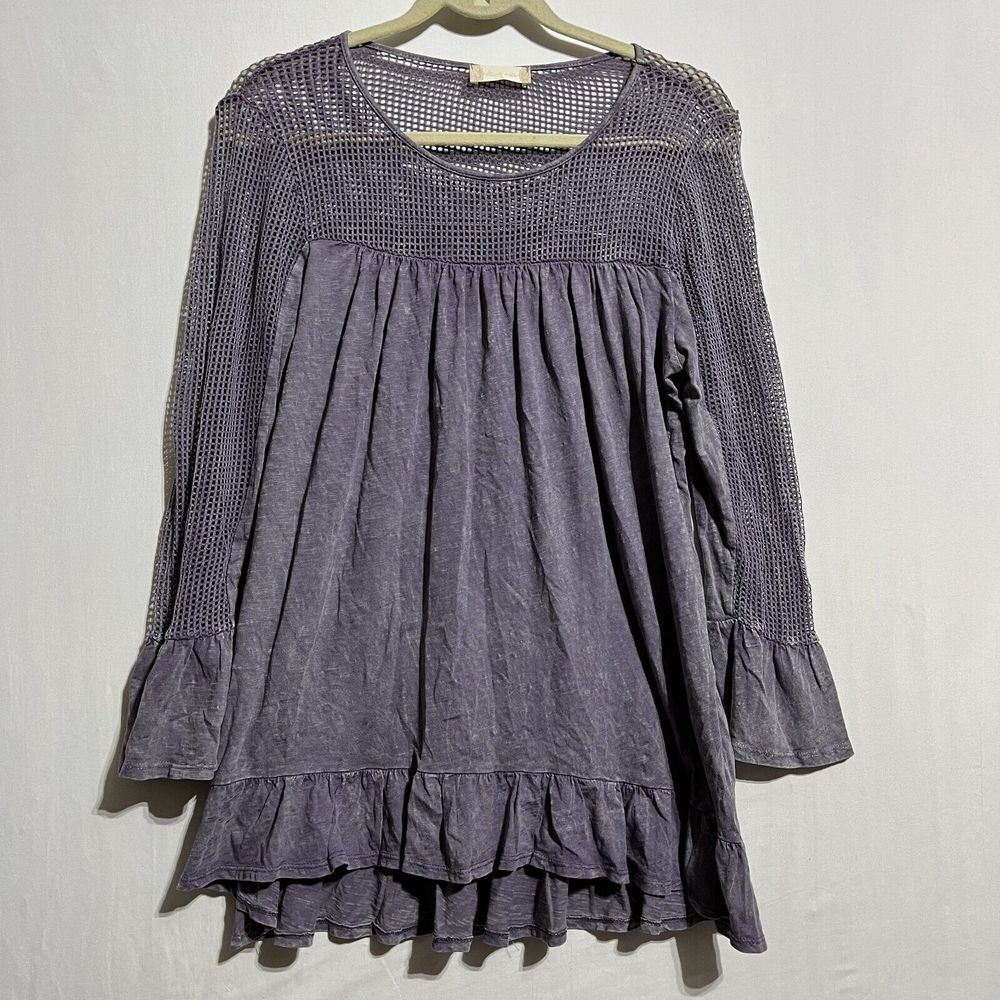 Altar'd State Blouse‎ Top Women's Small Purple Netting 100% Cotton Ruffle Sleeve